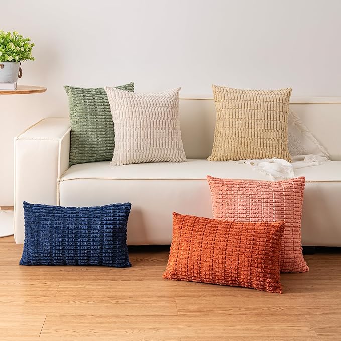 Pack of 2 Christmas Green Corduroy Decorative Throw Pillow Covers 24x24 Inch Soft Striped Pillow Covers Modern Farmhouse Home Decor for Sofa Living Room Couch Bed（Blackish Green）