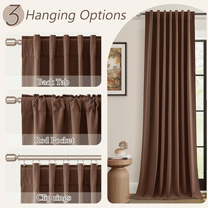 Guken 100% Blackout Curtains 96 Inch Length 2 Panels Set for Living Room Bedroom Back Tab Thermal Insulated Black Out Linen Drapes Room Darkening Window Curtains 96 Inches Long,Rustic Brown