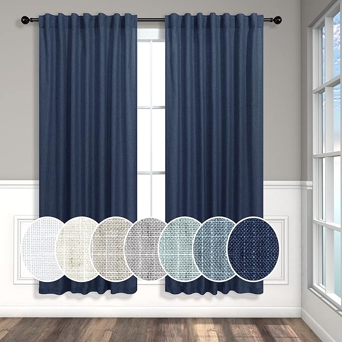 Navy Blue Curtains 63 Inch Length for Boys Room 2 Panel Back Tab Pocket Linen Semi Sheer Woven Textured Indigo Dark Blue Curtain for Kids Bedroom Nursery Game Playroom Nautical Farmhouse 52x63 Long