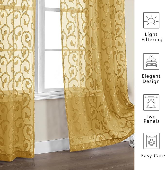OWENIE Furman Gold Kitchen Curtains Tiers 36 inch Length, Light Filtering Soft Short Cafe Curtains Tier for Living Room Bedroom Small Windows Half Curtain, 2 Pcs, Each 40Wx36L inch
