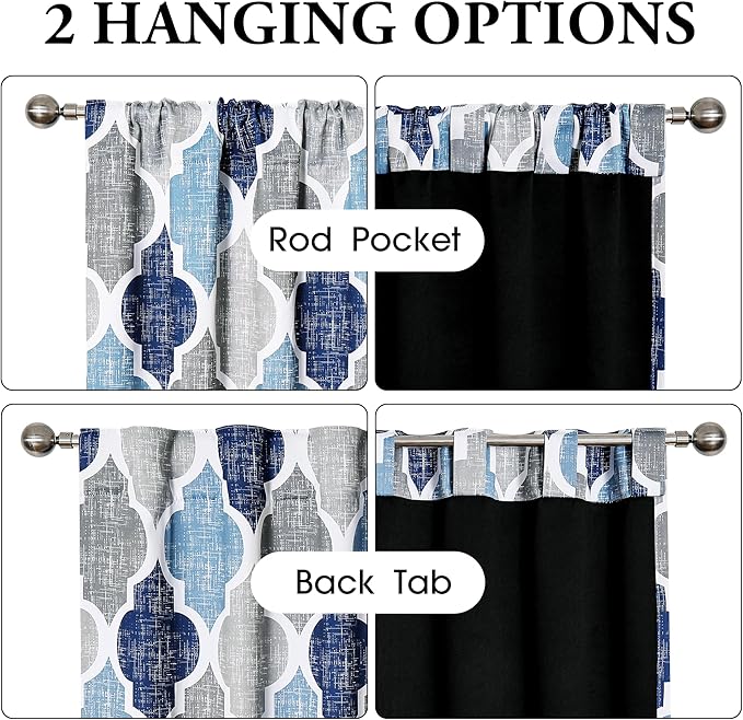 Beauoop 100% Blackout Curtains 96 Inches Long 2 Panels for Bedroom Living Room Blue Grey Moroccan Geo Room Darkening Thermal Insulated Soundproof Rod Pocket Back Tab Window Treatments Drapes, 50x96