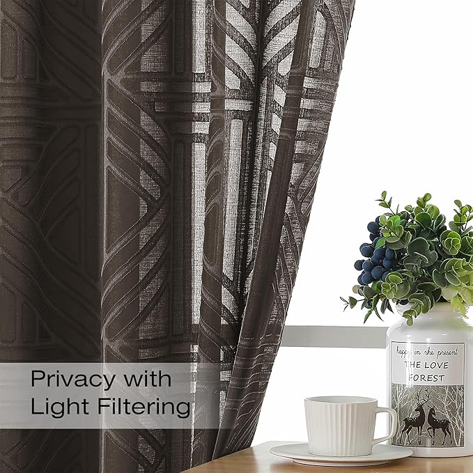 Simplebrand Chocolate Semi Sheer Curtains 54 Inch Length 2 Panels, Geometric Jacquard Clip Textured Short Sheer Curtains for Bedroom，Modern Elegant Window Curtains Drapes/Treatment Sheer，42x54 inch