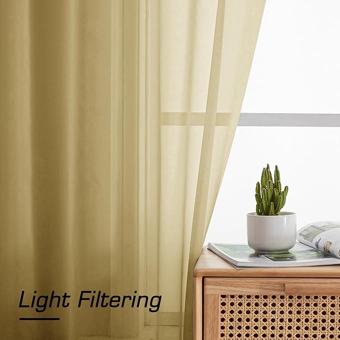 Simplebrand Gold Short Sheer Kitchen Cafe Curtains 36 x 36 Inch, 2 Panels