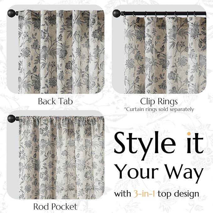 jinchan Linen Floral Curtains for Living Room with Printed Flower 63 Inches Long Light Filtering French Country Back Tab Rod Pocket Black Window Curtain Set Farmhouse Drapes 2 Panels Black
