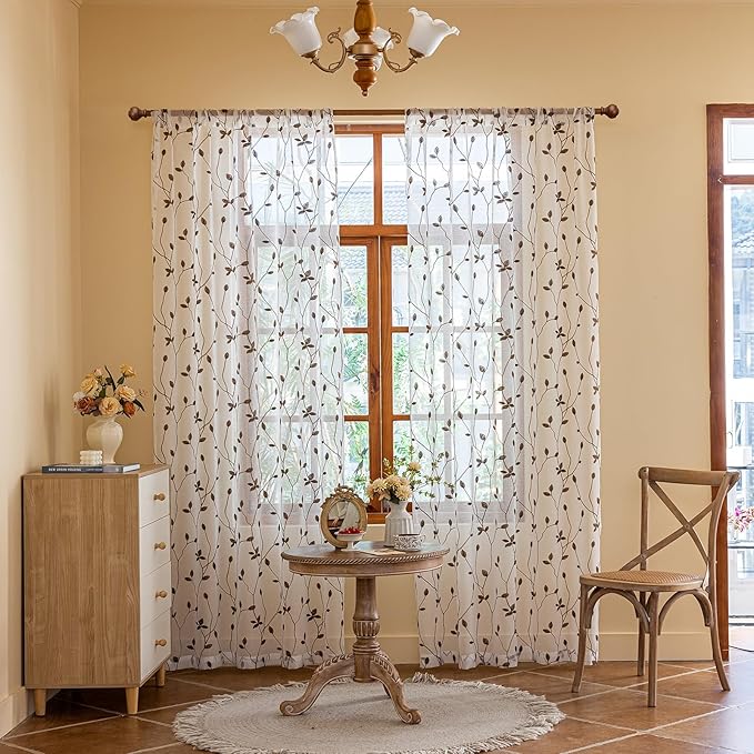 AmHoo 2 Panels Embroidered Leaf Pattern Semi Sheer Curtains Foliage Floral Voile Window Draperies Treatment for Bedroom Living Room Rod Pocket White Brown 53 x 63 Inch