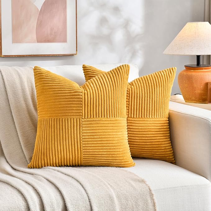 Fancy Homi 2 Packs Gold Yellow Decorative Throw Pillow Covers 22x22 Inch for Living Room Couch Bed Sofa, Farmhouse Boho Home Decor, Soft Corss Corduroy Patchwork Accent Square Cushion Case 55x55 cm