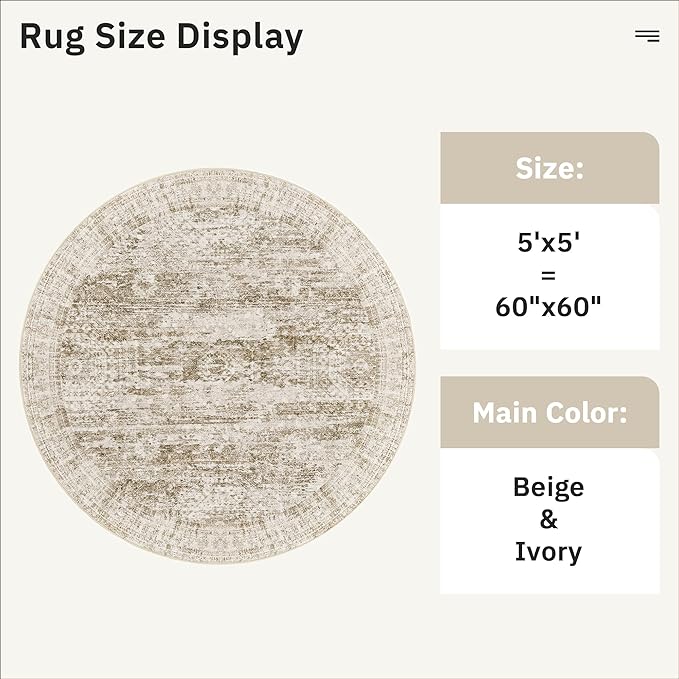 Soalmost 5x5 Brown Round Rug 5ft Living Room Circle Rug Vintage Round Area Rug Non Slip Indoor Carpet for Entryway Dining Room Bedroom