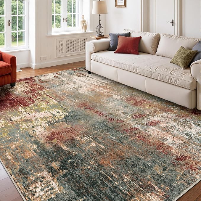 Washable Area Rugs 6'x9' Non-Slip Modern Abstract Soft for Living Room Entryway Bedroom Nursery, Print Pattern, Brown Rust Red Green Blue Multi