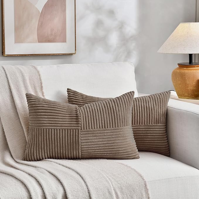 Fancy Homi Set of 2, Light Brown Patchwork Corduroy Decorative Soft Striped Modern Accent Cushion Case Farmhouse Boho Neutral Throw Pillow Covers for Chair Couch Bed Sofa Living Room 24x14 Inch
