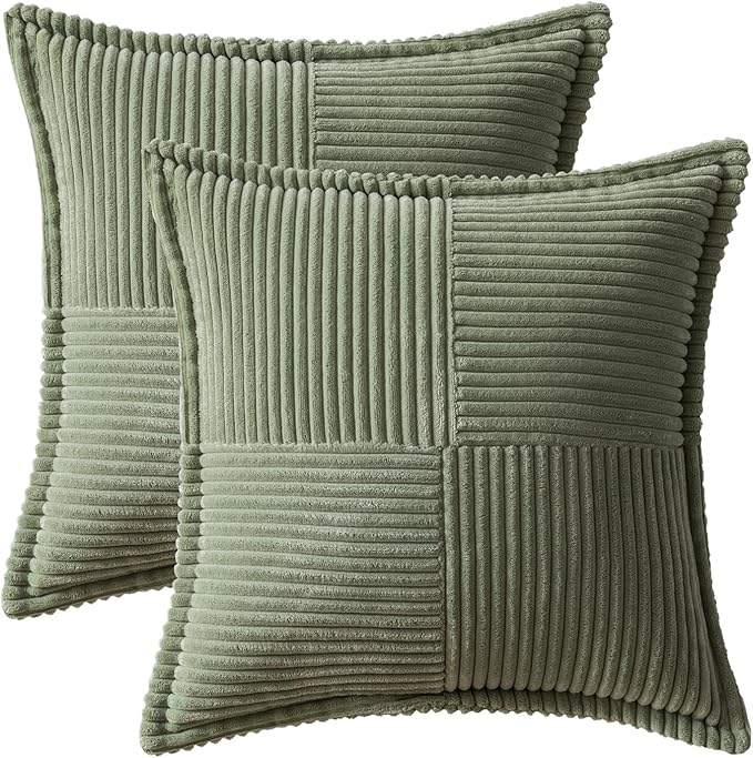 MIULEE Decorative Throw Pillow Covers for Couch Bed Livingroom 20x20 Inch Set of 2 Light Olive Green Boho Accent Throw Pllows Broadside Striped Patchwork Soft Corduroy Summer Pillowcases