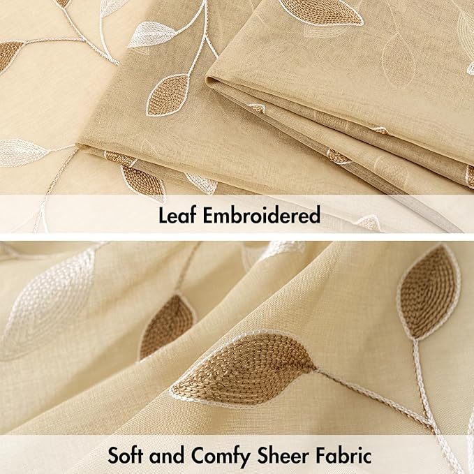 MIULEE Beige Sheer Curtains 2 Panels Embroidered Leaf Patterned Rod Pocket Floral Semi Sheer Faux Linen Short Window Curtains Drapes Set for Kitchen Living Room Bedroom, 52x45 Inches Length