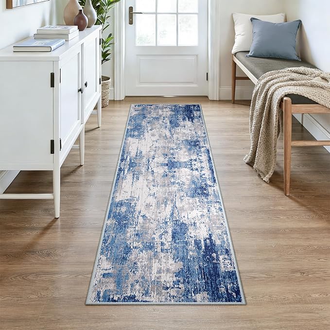Washable Area Rugs 2x7 Non-Slip Modern Abstract Soft for Living Room Entryway Bedroom Nursery, Print Pattern, Blue Grey Navy Gray