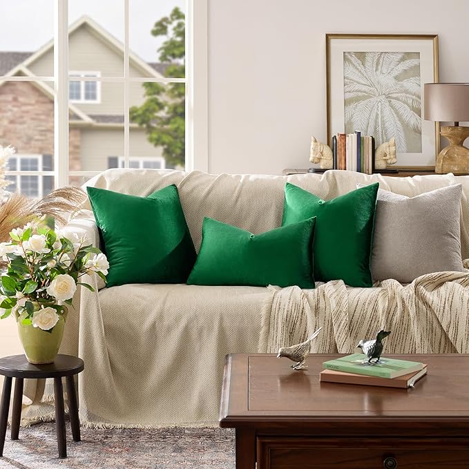 GIGIZAZA Decorative Throw Pillow Covers 18 x 18, Set of 2 Forest Green Soft Pillow Covers Velvet,Christmas Decor Square Cushion Covers