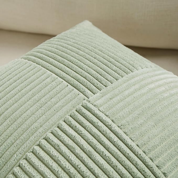 Fancy Homi 2 Packs Sage Green Lumbar Decorative Throw Pillow Covers 16x28 Inch for Living Room Couch Bed, Rustic Farmhouse Boho Home Decor, Soft Striped Corduroy Rectangle Accent Cushion Case 40x70 cm