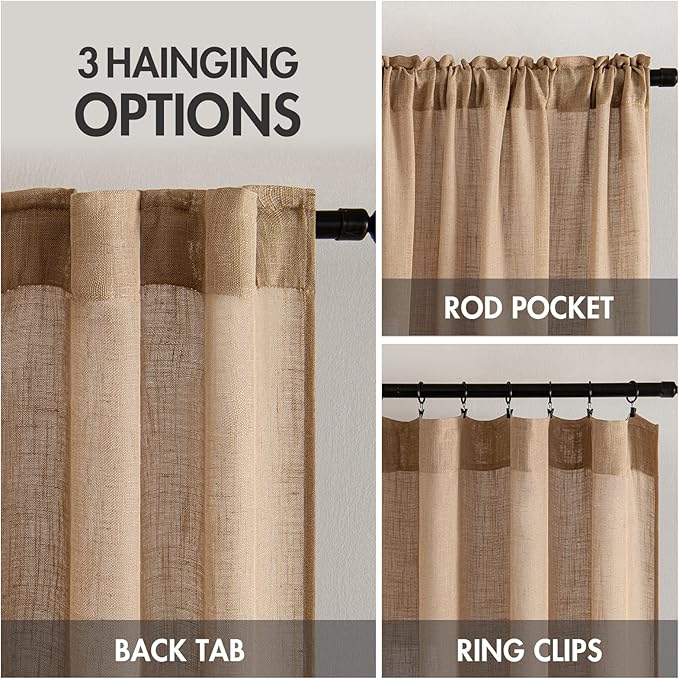MIULEE Brown Linen Curtains 90 Inch Length 2 Panels for Bedroom Living Room, Soft Thick Linen Textured Window Drapes Semi Sheer Light Filtering Back Tab Rod Pocket Burlap Look Decor, W37xL90