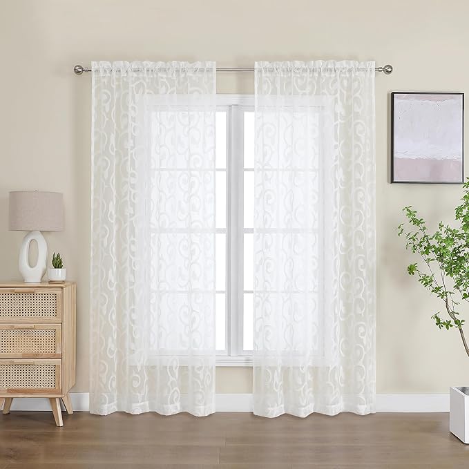 OWENIE Furman Sheer Curtains 72 inches Long 2 Panels Set, Light Filtering Top Rod Pocket Semi Sheer Door Curtains, Geometric Jacquard Clip Design for Bedroom Living Room, Ivory, 40Wx72L inch