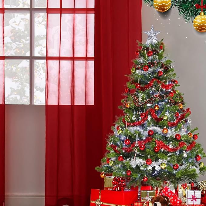 SpaceDresser Sheer Voile Window Treatment Rod Pocket Curtain Panels for Kitchen Bedroom Living Room Drapes Sunlight Filtering Privacy Semi Home Decor Assorted (Christmas Red, 52 W x 108 L)