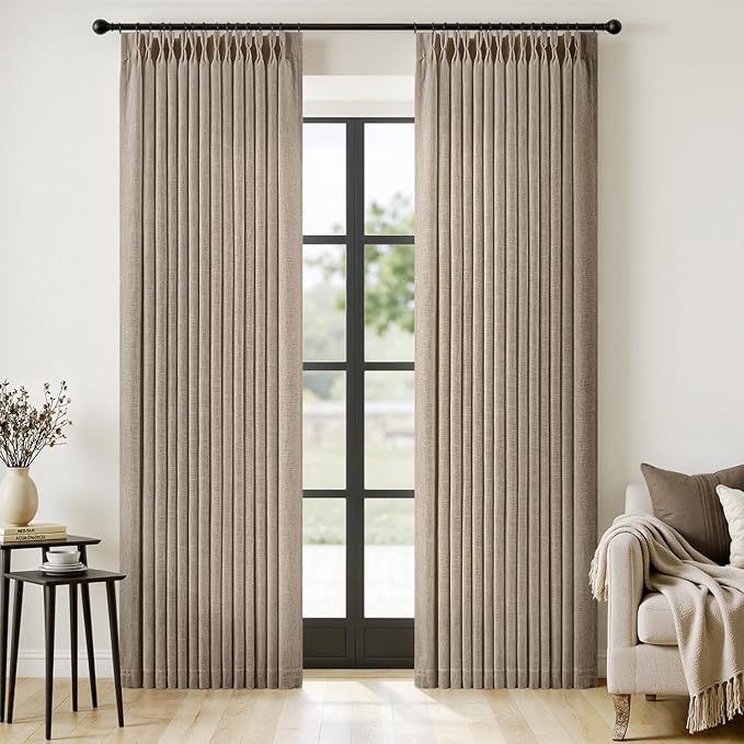 MIULEE Pinch Pleated Thick Linen Curtains 96 Inches Long 2 Panels for Living Room Bedroom, Memory Trained Pleat Drapes Light Filtering Grey Beige Semi Sheer Window Curtains Hooks Rings Back Tab