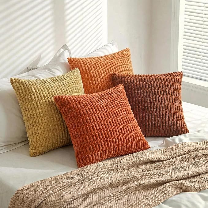 Fancy Homi Set of 4 Burnt Orange Fall Decorative Throw Pillow Covers 14x14 Inch for Couch Bed Chair, Modern Farmhouse Boho Room Decor, Soft Fuzzy Corduroy Textured Striped Cushion Case 35cm