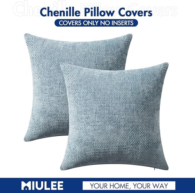 MIULEE Pack of 2 Couch Throw Pillow Covers 16x16 Inch Coastal Smoke Blue Modern Boho Accent Decorative Pillow Covers Soft Chenille Farmhouse Cushion Covers for Home Decor Bed Sofa Living Room