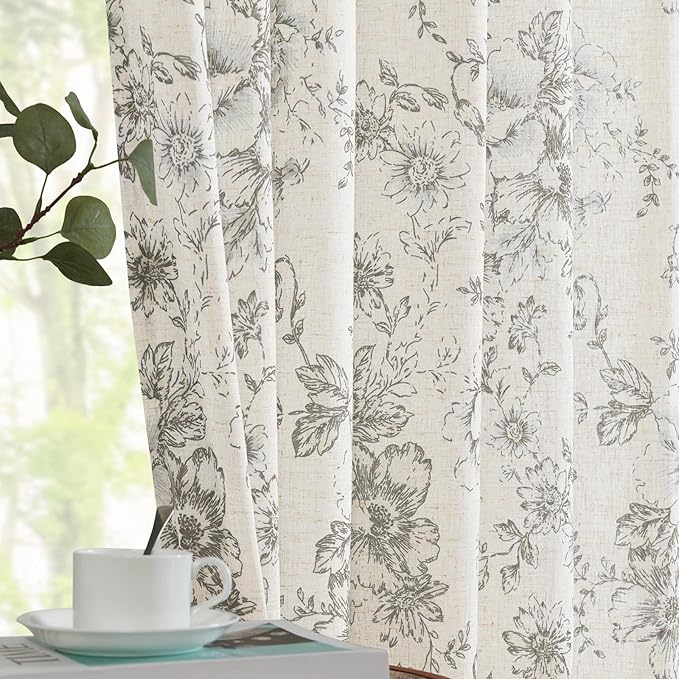 jinchan Linen Blend Curtain Floral Curtains for Living Room 54 Inch Length Grey Printed Curtain Rod Pocket Back Tab Farmhouse Peony Flower Patterned Drapes Bedroom Window Curtains Set 2 Panels