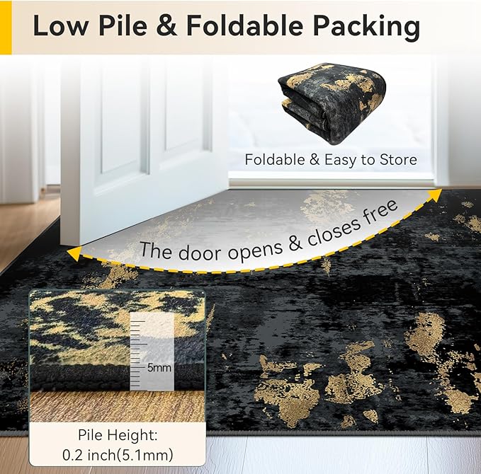 Washable Area Rugs 3x9 Non-Slip Modern Abstract Soft for Living Room Entryway Bedroom Nursery, Print Pattern, Dark Black Gold