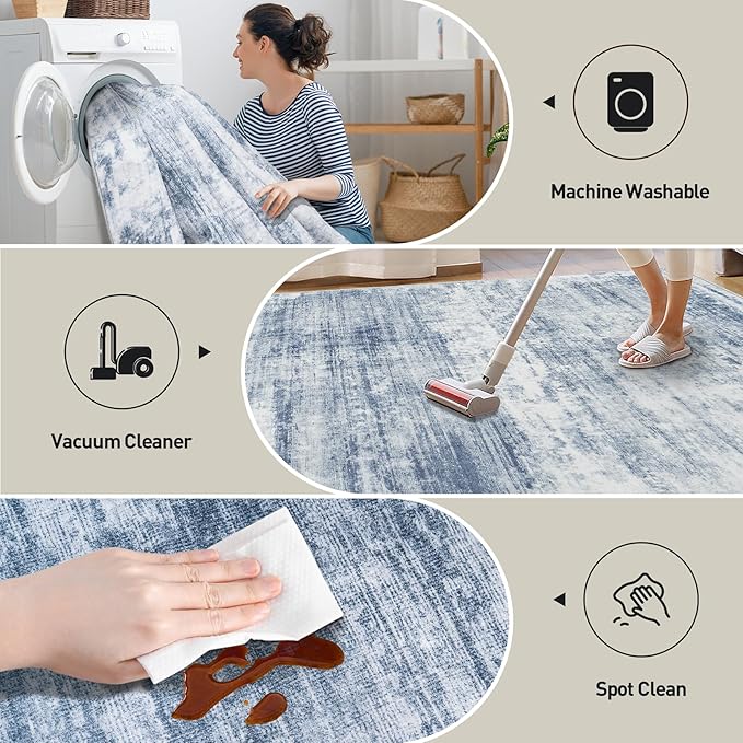 8x10 Area Rugs Washable Rug: Modern Abstract Living Room Rug Soft Anti-Skid Thin Carpet Indoor Floor Non-Shedding Carpets for Bedroom Dining Room Farmhouse Nursery Home Office Blue White