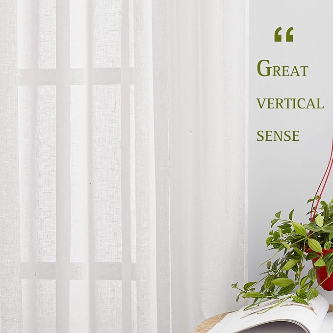 NICETOWN White Linen Curtains 108 inches Extra Long 2 Panels Set, Grommet Open Linen Elegant Privacy Semi Sheer Vertical Drapes for Farmhouse/French Door/Living Room, W52 x L108