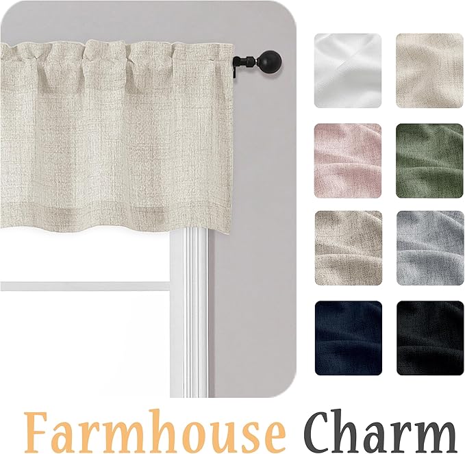 OWENIE Natural Valances for Windows 1 Pcs, Light Filtering Textured Farmhouse Short Small Valance Curtains for Bathroom Basement Living Room Bedroom, Rod Pocket Half Curtains Over Sink, 60Wx14L Inch