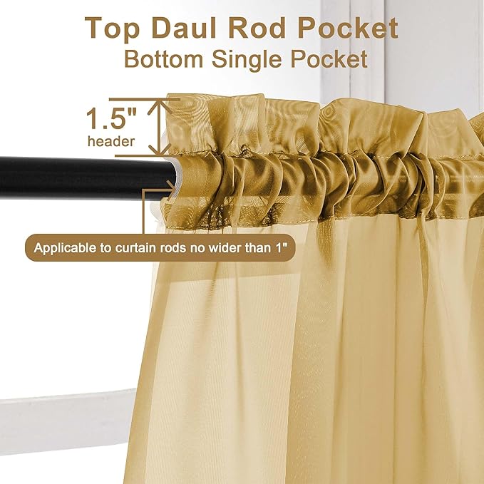 Chyhomenyc Extra Long Gold Sheer Curtains 108 Inches Long 2 Panels, Light Filtering Gold Curtains for Living Room, Soft Gentle Voile Rod Pocket Bedroom Window Drapes, 59Wx108L Inch, 9FT, 2PCS