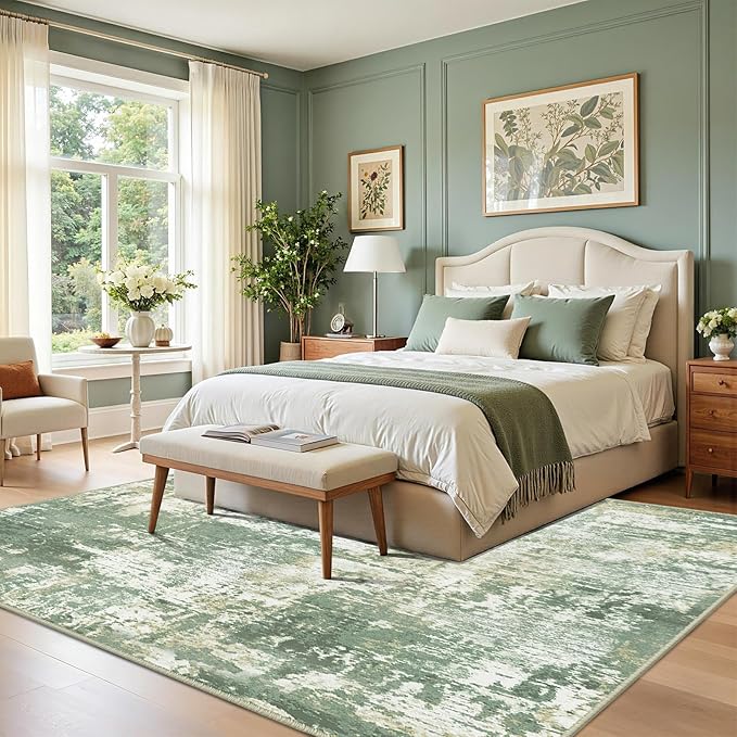 Washable Area Rugs 6'x8' Non-Slip Modern Abstract Soft for Living Room Entryway Bedroom Nursery, Print Pattern, Light Green/Yellow