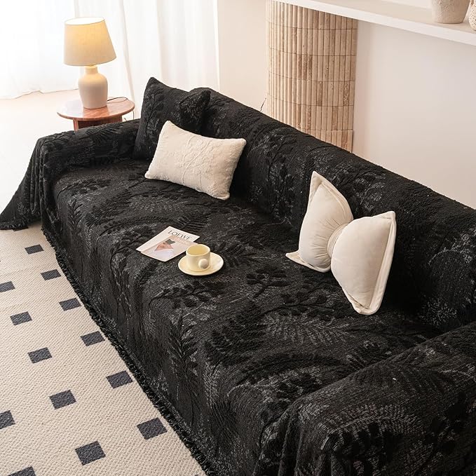 HANDONTIME Washable Couch Covers for Sofa Boho Couch Covers for 3 Cushion Sofa Pet Friendly Black Chenille Jacquard Couch Protector for Dogs Plant Branch Sectional Cover Sofa Slipcovers, 71" X 118"