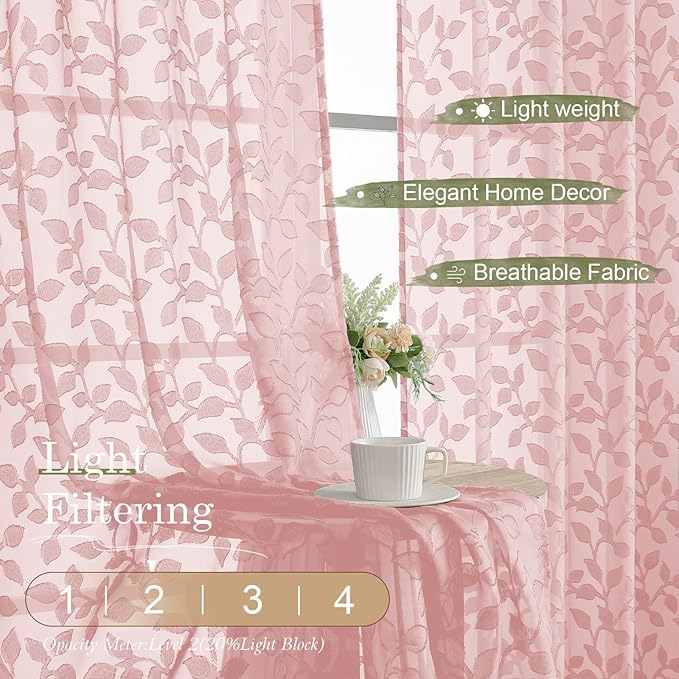 Chyhomenyc Blush Pink Short Curtains 45 Inch Length 2 Panels, Light Filtering Leaf Textured Window Curtain Panels for Bedroom Living Room, Elegant Rod Pocket Farmhouse Curtains, 30" Wx45 L, 2 PCS