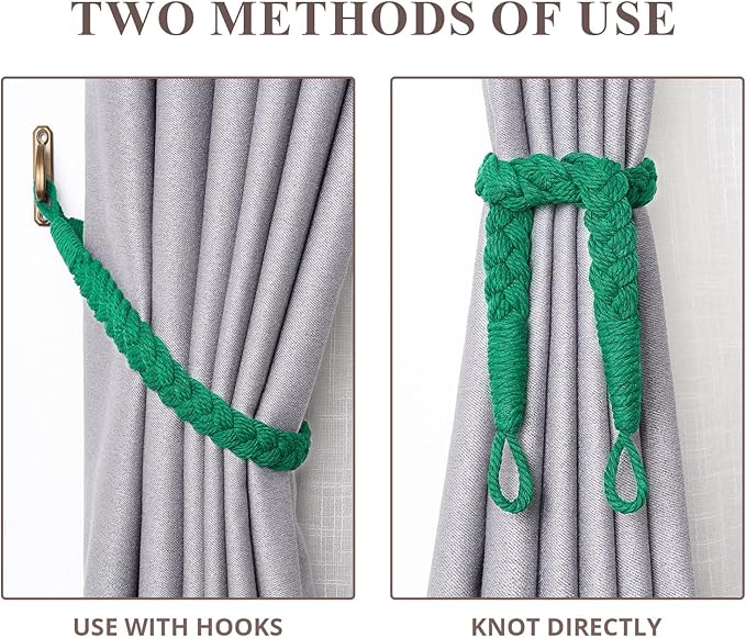 NICEEC 4 Pack Natural Cotton Rope Curtain Tiebacks Elegant Boho Style Decorative Drape Tie Backs Soft Hand-Woven Rope Curtain Holdbacks with Metal Hook for Home & Office Drapery (Green)