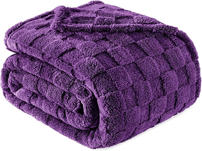 Exclusivo Mezcla Twin Size Flannel Fleece Blanket, Super Soft and Warm Lightweight Checkered Pattern Blankets for All Seasons, 60x80 Inches, Purple