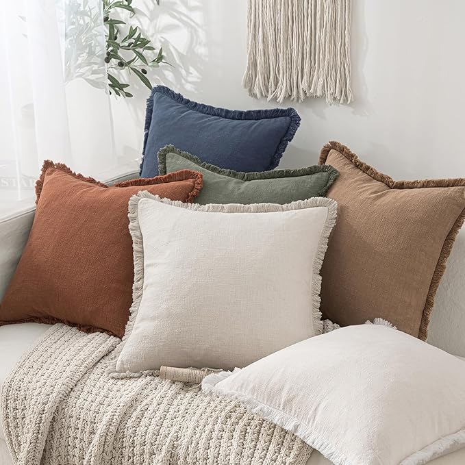 MIULEE Decorative Throw Pillow Covers Neutral Linen Fringe Throw Pillows Set of 2 Natural Beige Boho Farmhouse Cushion Covers with Tassels for Couch Sofa Bed Living Room Spring Decor 16x16 Inch