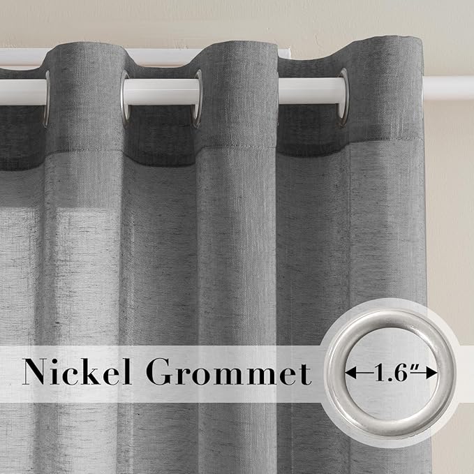 H.VERSAILTEX Linen Semi Sheer Curtains 63 Pair Set Linen Textured Sheer Curtains Nickel Grommet Window Treatment Panels for Bedroom, Open Weave, 52" W x 63" L, Charcoal Grey