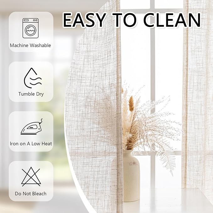 MYSKY HOME Short Linen Curtains 36 Inch Length for Kitchen Window, Over Sink Semi Sheer Light Filtering Panels Rod Pocket Tiers Drapes for Basement Bathroom Window, 2 Panels, Linen, 30 x 36 Inch