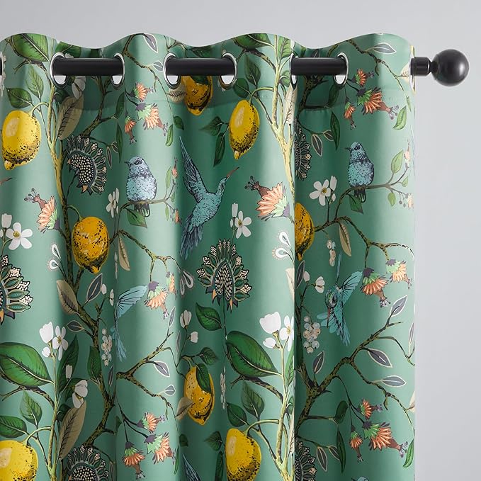 Topfinel 105 Inches Long Sage Green Luxury Curtains for Living Room Bedroom, Blackout Vintage Art Deco Victorian Curtains Floral Lemon Hummingbird Printed Grommet Drape 105 Inch Length