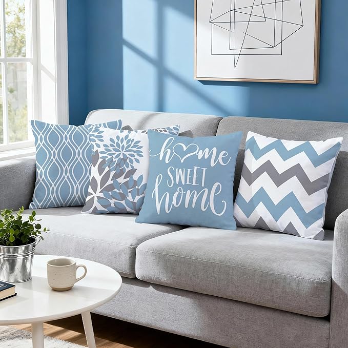 Hexagram Geometric Aqua Blue Pillow Covers 18x18 Set of 4, Decorative Outdoor Boho Modern Throw Pillow Covers, Home Sweet Home Farmhouse Cushion Case for Couch Sofa Bedroom Indoor Decor(No Insert)