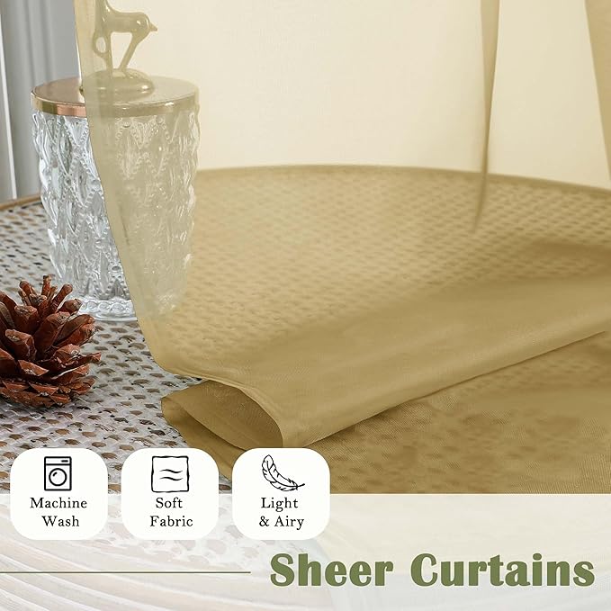 Lecloud Gold Sheer Curtains 108 Inches Long 2 Panels, Dual Rod Pocket Light Filtering Bedroom Curtains for Living Room Decor, Airy Solid Color Window Treatments Drapes, Each Panel 59" W x 108" L