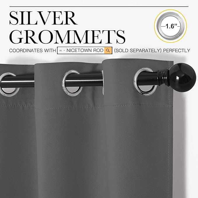 NICETOWN Grey Blackout Curtain Panels for Bedroom, 2 Panels, W55 x L57-inch, Grey, Thermal Insulated Grommet Top Blackout Draperies and Drapes for Basement