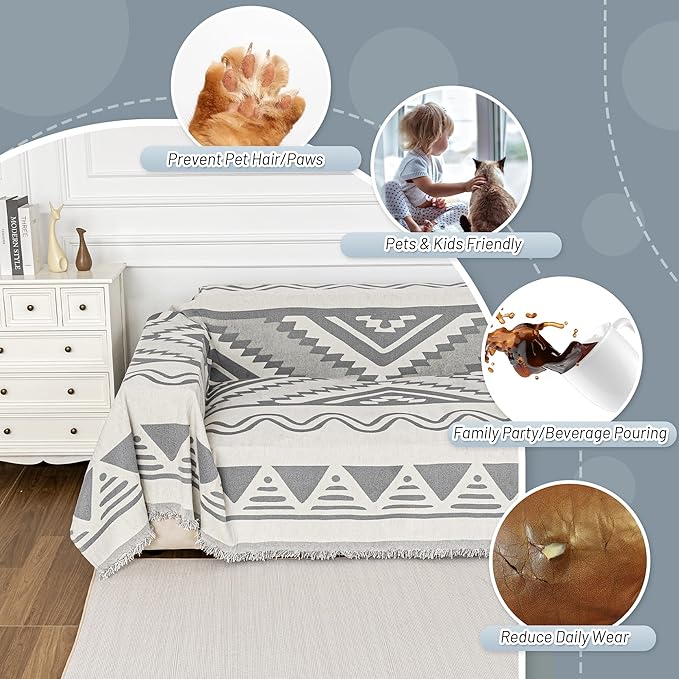 MYSKY HOME Boho Couch Cover for Dogs Washable Grey Rhombic Couch Sofa Protector for Loveseat Sofa with Pets Friendly Chenille Geometric Sofa Covers Soft Durable Farmhouse Sofa Slipcovers, 71" X102"