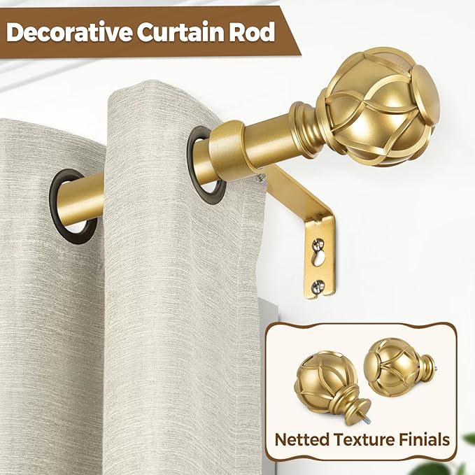 KAMANINA Curtain Rods for Windows 66 to 120 Inch, 7/8 Inch Gold Heavy Duty Curtain Rod 32 to 120 (2.6-10ft), Adjustable Decorative Drapery Rods with Netted Texture End