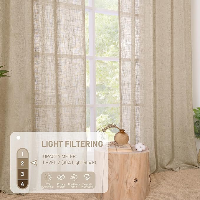 LAMIT Linen Blended Window Curtains 63 inch Length for Bedroom, Soft Semi Sheer Light Filtering Burlap Curtain Panles with Bronze Grommet Drapes for Living Room, 2 Panels Set, 52 x 63 Inch, Brown