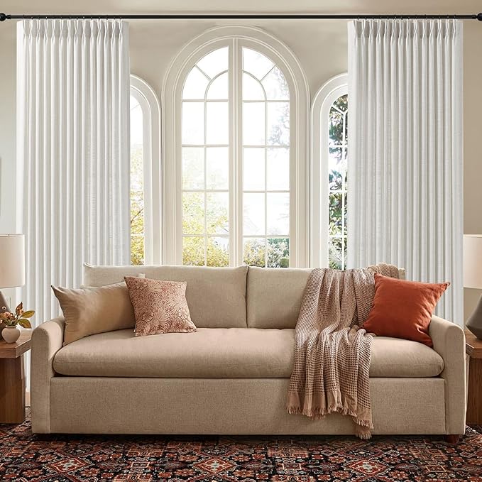 IVAPUPU Pinch Pleated Curtains 90 Inch Long for Living Room, Extra Wide Semi Sheer Pleated Drapes Back Tab Hooks Rings Light Filtering Privacy Linen Curtain for Office, Beige White, 70Wx90L, 1 Panel