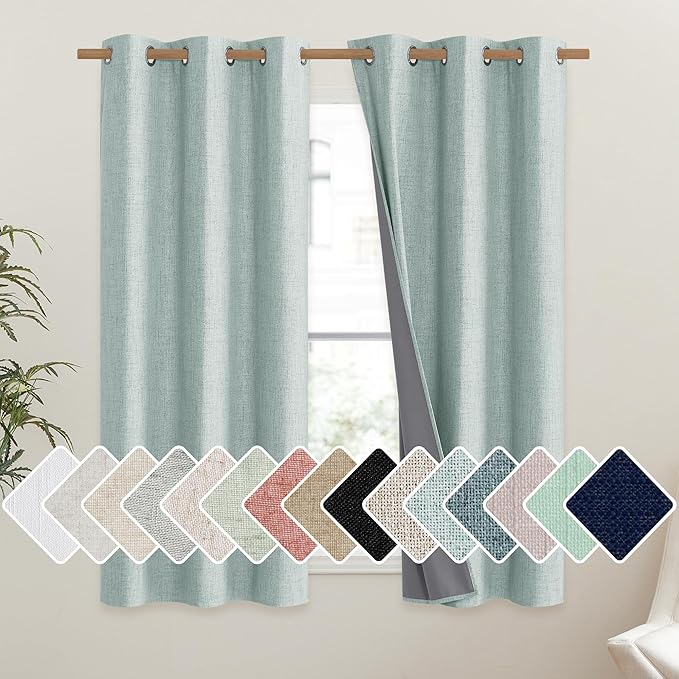 NICETOWN 100% Absolutely Blackout Linen Curtains with Thermal Insulated White Liner, Seafoam Green, 42 inches Wide, 63 inches Length Energy Saving Curtains for Kitchen 2 Panels Set, Vertical Blinds