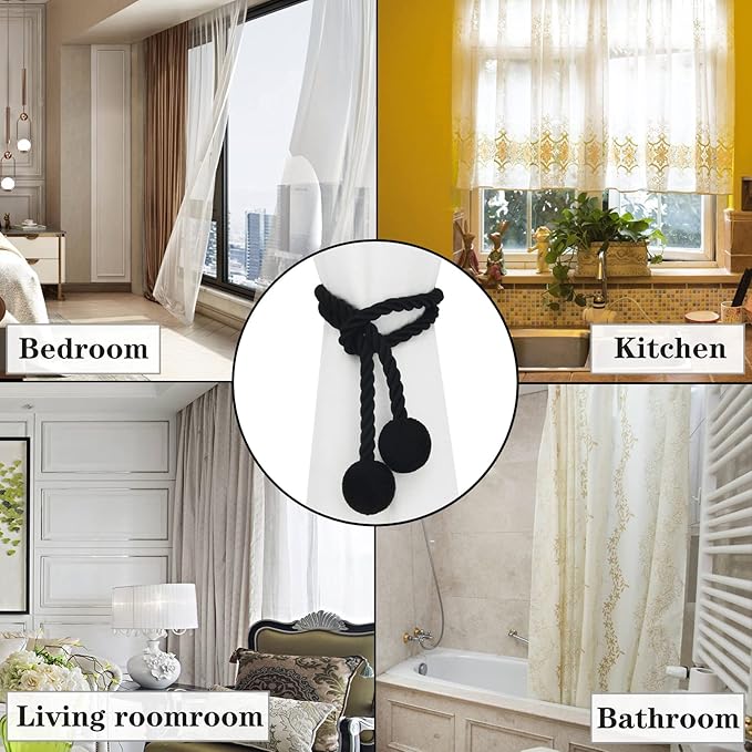 Curtain Tiebacks Outdoor Elegant Decorative Tie Backs Modern Rope Tiebacks for Drapes Window Curtain Holdbacks for Draperies (Black, 2)