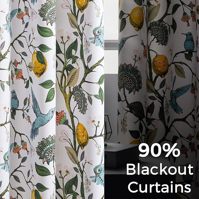 Topfinel 90 Inches Long Custom Window Curtains, Unique Chinoiserie Safari Floral Hummingbird Plant Lemon Patterned Extra Wide Noise Dampening Grommet White Satin Shabby Chic Drapes for Living Room