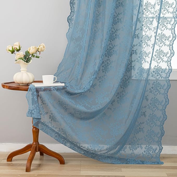 YJ YANJUN Vintage Lace Curtains 96 Inches Long-Victorian Floral Pattern Dusty Blue Sheer Curtain Panels for Living Room Bedroom Nautical Decor Provide Privacy 8FT W52 X L96 Stone Blue